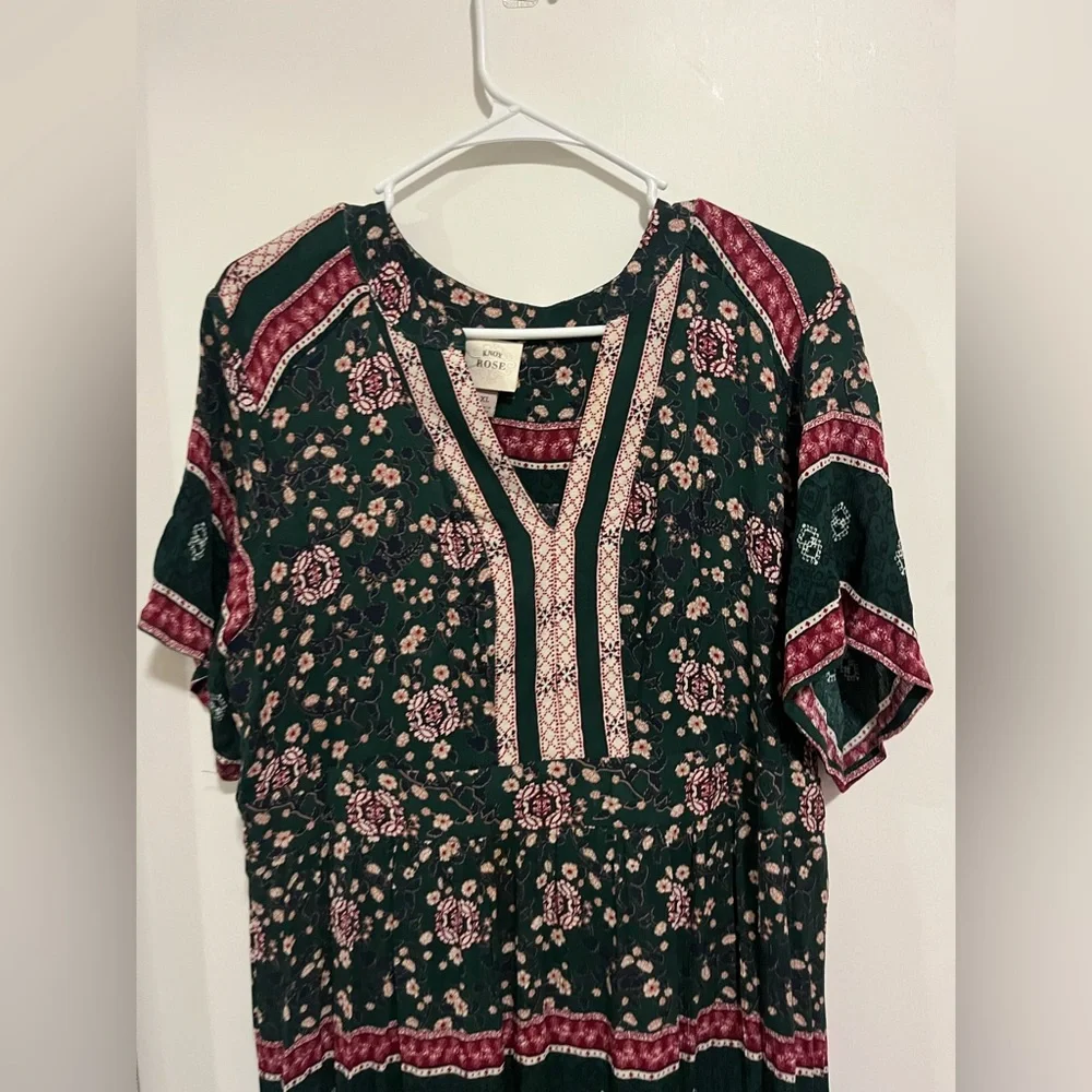 Knox Rose Dress Womens Medium Green Floral Maxi Short Sleeve V-Neck Smocked Boho - Picture 4 of 7